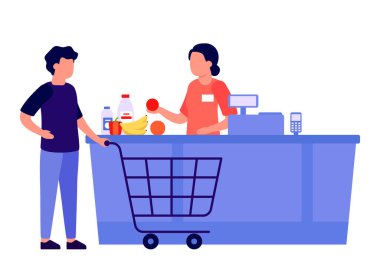 Kasadan mal alımı. Adam marketten alışveriş yapıyor. Perakende yemek, alışveriş. Yiyecek dolu bir sepet. Vektör düz resimleme