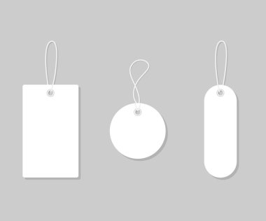 Satılık beyaz etiket ve etiketleri, model çerçeveleri ayarlayın. Boş şablon alışveriş etiketleri. Kağıt boş, indirim ve fiyat etiketleri. Özel fiyat. Farklı şekillerde bir hediye. Kurdeleli etiketler seti. Vektör