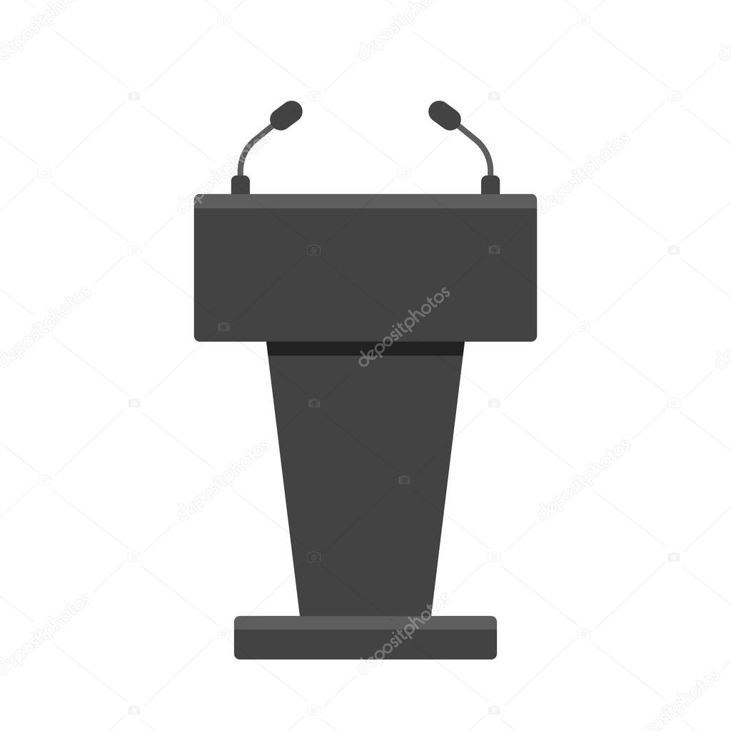 Podium, stage, rostrum black mockup. Tribune for event. Presidential debate, speech of lecturer. Political election. Vector illustration