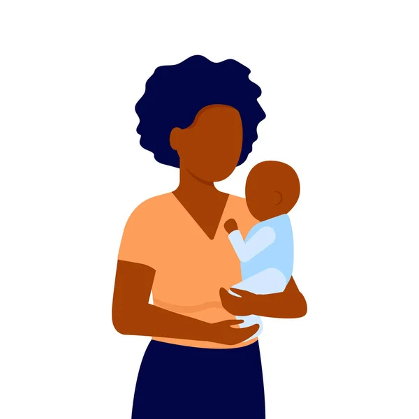 Абстрактная чернокожая молодая мать с маленьким сыном. Женщина держит ребенка на руках. Семейное общение. День Матери. Векторная иллюстрация на белом фоне — стоковый вектор