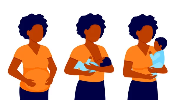 Zwangerschap vrouw, borstvoeding, zwarte moeder voeden pasgeboren baby met borst in handen. Verwachte moeder, moederschap. Kind jongen drinkt melk uit de vrouwelijke borst. Borstvoeding, moederdag. Vector — Stockvector