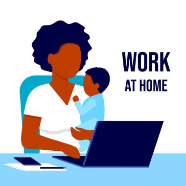 Evde dizüstü bilgisayarı olan Afro-Amerikan siyahi anne. Kollarında bebekle doğum izninde çalışıyor. Annelik ve kariyeri birleştirmek. Vektör düz resimleme