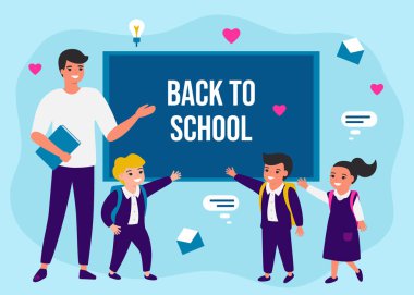 Sınıftaki çocuklar ve öğretmenler tahtada. Okul konseptine geri dönelim. Kızların ve erkeklerin eğitimi ve öğrenimi. Vektör düz resimleme