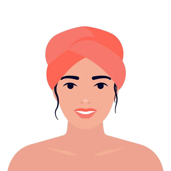 Menina bonita com envoltório de cabelo. Cobrindo a cabeça com toalha, turbante. Spa, mulher do procedimento de banho. Boné de cabelo rosa. Ilustração plana vetorial —  Vetores de Stock