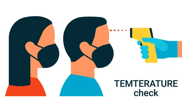 Verifique o sinal de temperatura das pessoas do corpo de controle. Mão com luvas segurando termômetro distante. Homem e mulher com máscara respiratória protetora no rosto. Prevenção de coronavírus. Vector plano —  Vetores de Stock