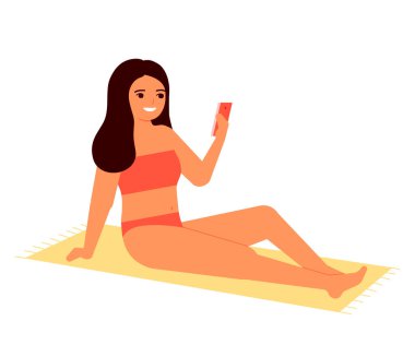 Genç bir kadın mayo giyiyor ve elinde akıllı telefon tutuyor. Kız güneş banyosu yapıyor. Yaz tenli. Vektör illüstrasyonu