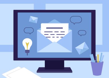 Bilgisayardaki bir zarfta postayla mesaj. Ofis çalışanı işyerinde. Mesaj, mektup, haber, mesaj, spam. Gelen ve giden mektup. Sosyal medya, iş iletişimi kavramı. Vektör