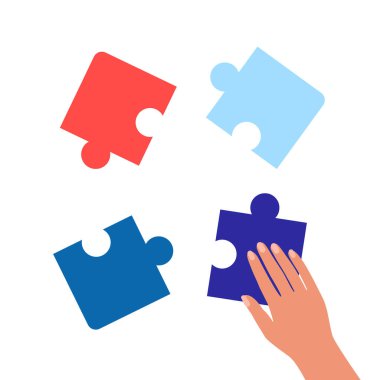İnsan eli bulmacanın parçalarını birleştirir. Bütünün parçalarını birleştirmek ya da ayırmak. Sistem elementleri, problemleri parçalardan çözüyor. Düşünme, strateji, meydan okuma konsepti. Vektör illüstrasyonu