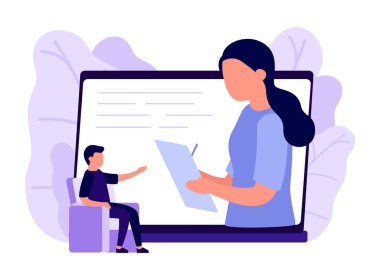 İnternette online psikolojik danışmanlık. Bilgisayardaki uzaktan kumandalı iş videosu. Yardım servisi, sekreter. Psikolojik yardım, psikoterapi, danışmanlık. Sorun çözülüyor. Vektör