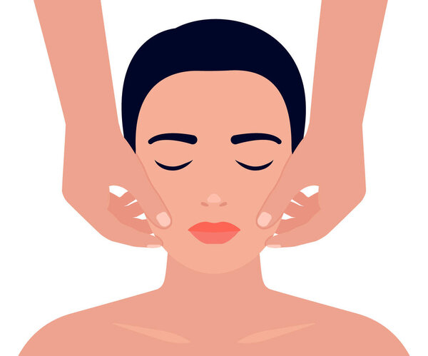 Woman face massage. Facial skin care. Relaxing technique, massage therapist procedure. Vector