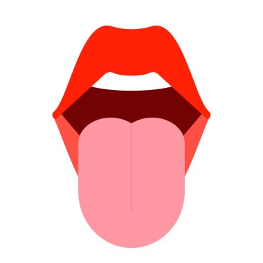 Ağzı dışarı çıkmış bir dille açın. Kadın pembe sağlıklı dil gösteriyor. Kırmızı dudak, yala. Vektör