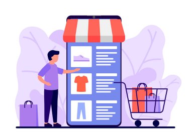 Perakende satış, internetten alışveriş. Alışveriş malzemeleri için akıllı telefon uygulaması. Adam internetten mal alıyor, ürün seçiyor. Giysileri ve ayakkabıları olan alıcılar için alışveriş arabası. Akıllı telefondan e-ticaret. Vektör