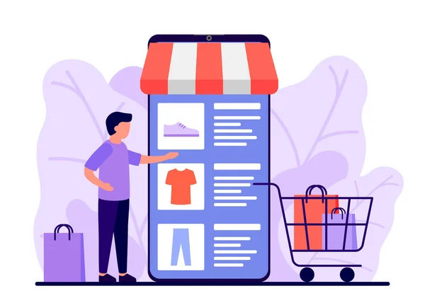 Vendita al dettaglio, negozio online. App per smartphone per lo shopping. L'uomo fa acquisti via telefono online, scegliendo il prodotto. Carrello acquisti per compratore con vestiti e scarpe. E-commerce su smartphone. Vettore — Vettoriale Stock