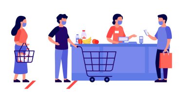 İnsanlar alışveriş yapıyor, kuyruğa giriyor. Temassız cep telefonu ödemeleri. Sosyal mesafeler ve koruyucu maskeler. Kontrol, süpermarket kasiyeri ve alışveriş arabası dolusu yiyeceği olan müşteriler. Vektör