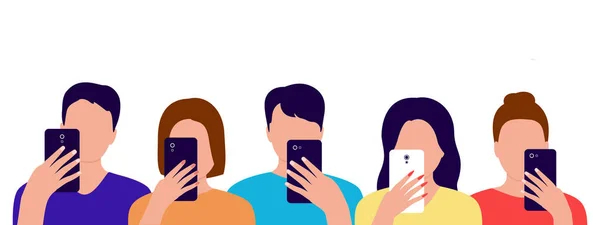 Gruppo di persone con i telefoni cellulari in mano. Uomini e donne passano del tempo con lo smartphone. Internet, online, comunicazione, fotografia, concetto di dipendenza. Illustrazione vettoriale — Vettoriale Stock