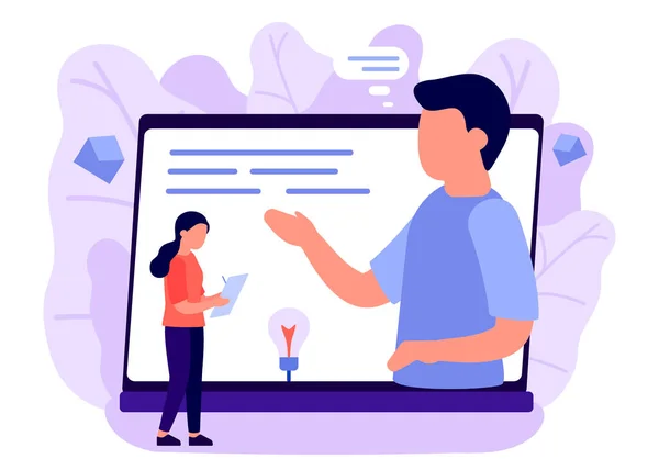 Online konzultace lidí na notebooku na internetu. Videokomunikace o obchodních záležitostech. Asistent zaznamenává informace, tajemníku. Vektorová ilustrace — Stockový vektor