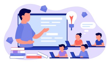 Erkek öğretmenden, online eğitimden bir şeyler öğren. Çocuklar dizüstü bilgisayarda oturup ders çalışıyor. Çocuk uzaktan öğreniyor. Ev okulu, internet e-öğrenimi, bilgi kavramı. Vektör düzlüğü