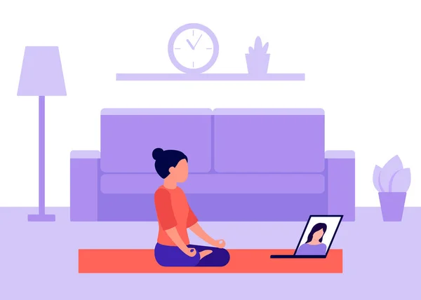 Femme pratique le yoga à la maison, la méditation et regarde la vidéo sur ordinateur portable. Vidéoconférence dans le sport, communication. Loisirs actifs à la maison, faire des exercices, des soins de santé. Illustration vectorielle — Image vectorielle