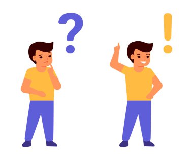 Çocuk düşünür, düşünür, şüphe eder ve karar verir, bulur, bulur. Soru ve cevap konsepti. Akıllı çocuk, öğrenci. Çocuk sorunları. Vektör illüstrasyonu
