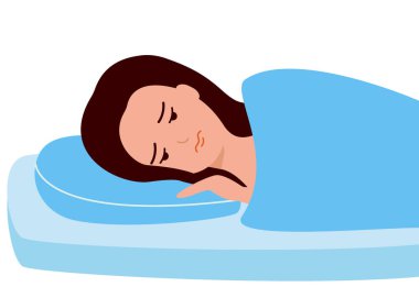 Uykusuz kadın uykusuzluktan muzdarip. Gözleri açık, yatakta yatan genç bir kız. Üzgün kadın uyanık, yorgun, depresyon, endişe. Vektör illüstrasyonu