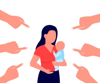 Utanç kavramı, alay konusu, çocuklu anne tartışması. Anne kucağında bebekle ve parmakla işaret ederek. Toplum annemi eleştiriyor. Vektör