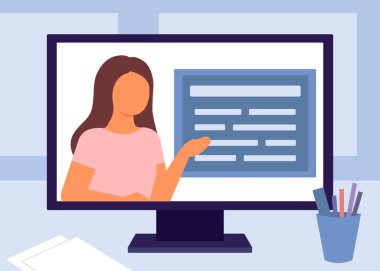 E-öğrenme, internet eğitimi. Bilgisayarda öğretmen video iletişimi. Ev okulu, uzaktan öğrenme, online kurs konsepti. Vektör illüstrasyonu