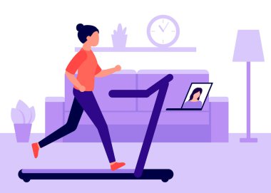 Genç bir kadın evde koşuyor ve dizüstü bilgisayardan video izliyor. Spor video konferansı, iletişim. Evde spor aktiviteleri. Vektör düz resimleme