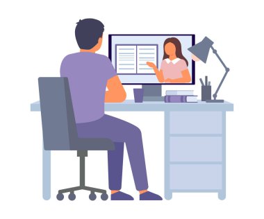 Çevrimiçi eğitim ve ev kavramında uzaktan öğrenme. Kadın öğretmenle bilgisayar video konferansı. İnternetteki video görüşmesi. Çalışma alanı, uzaktan çalışma, toplu sanal toplantı. Vektör