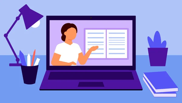 Çevrimiçi eğitim ve ev kavramında uzaktan öğrenme. Kadın öğretmenle dizüstü bilgisayar konferansı. İnternetteki video görüşmesi. Çalışma alanı, uzaktan çalışma, toplu sanal toplantı. Vektör