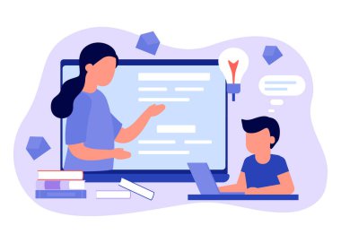 Mesafeyi öğren. Öğrenci çocuk dizüstü bilgisayarda oturuyor ve ders çalışıyor. Çocuk uzaktan öğreniyor. Ev okulu, internet e-öğrenimi, online eğitim, bilgi konsepti. Vektör düz biçimi