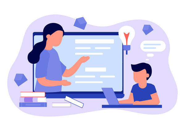 Учись. Мальчик-ученик сидит на ноутбуке и учится. Ребенок учится дистанционно. Домашняя школа, веб-обучение, онлайн-образование, концепция знаний. Векторный плоский стиль
