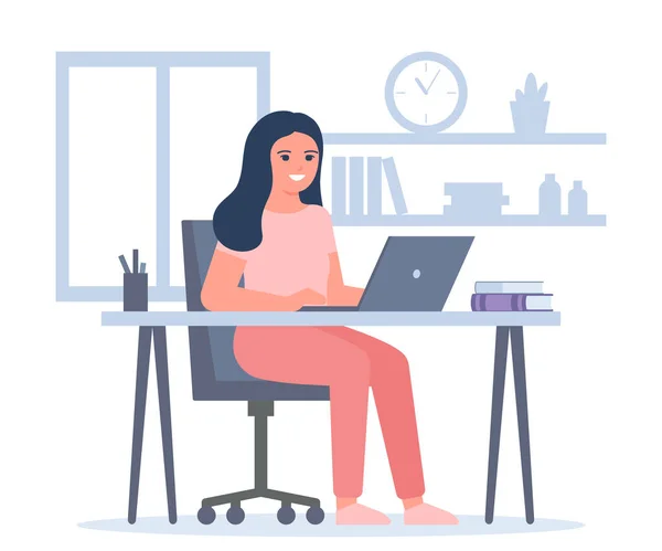 Jovem Trabalha Laptops Casa Freelancer Girl Self Employed Educação Line — Vetor de Stock