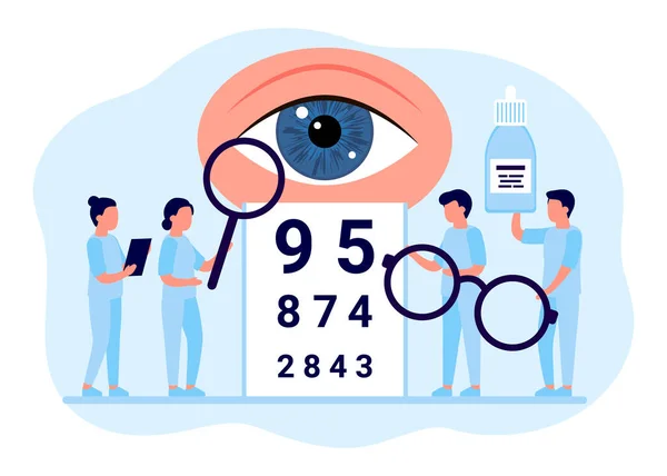 Доктор Проверяет Зрение Обследование Глаз Людей Фокус Коррекции Лечение Офтальмология — стоковый вектор