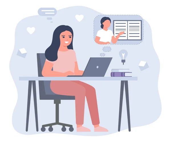 Çevrimiçi eğitim ve ev kavramında uzaktan öğrenme. Kadın öğretmenle bilgisayar video konferansı. İnternetteki video görüşmesi. Çalışma alanı, uzaktan çalışma, toplu sanal toplantı. Vektör