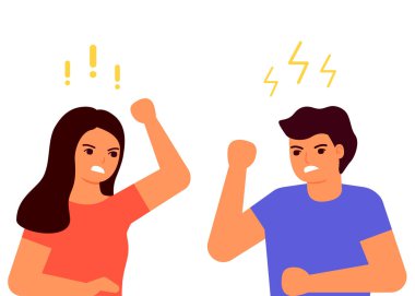 Aile çatışması, anlaşmazlık, kavga, kriz. Aile içi şiddet, zorbalık, taciz. Yetişkinlerin agresif davranışları, sosyal sorunlar. Kadın ve erkek çığlıktır. Vektör illüstrasyonu