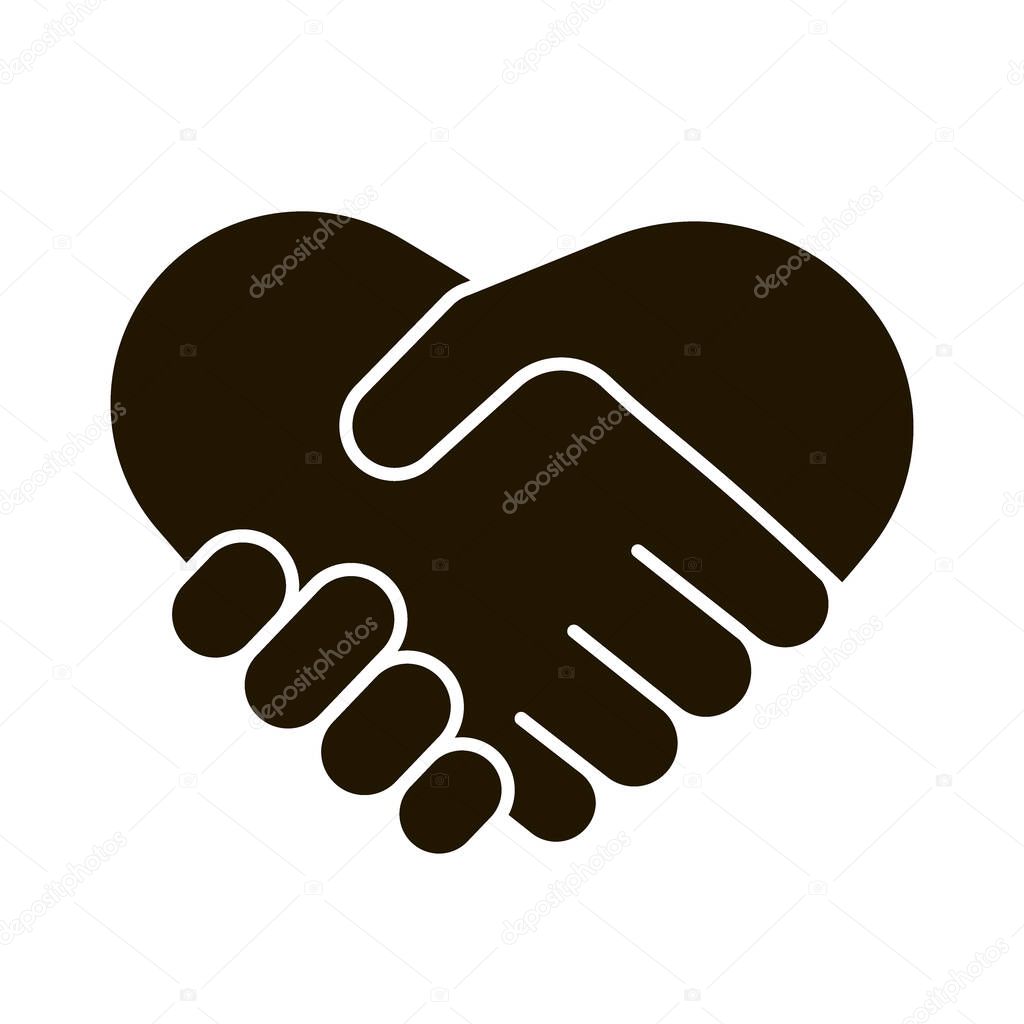 Business handshake icon, contractual agreement, line art. Hands shake, heart and help symbol. Sign contract, partnership, peace. Vector illustration
