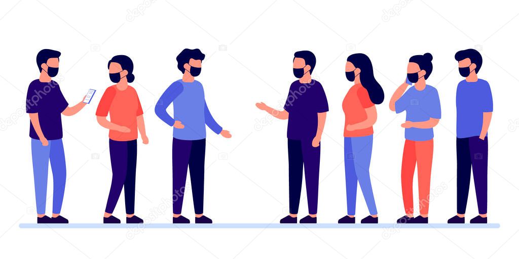 Meeting of group of people with mask for communication, talking, partnership, business relationship. Mutually beneficial cooperation. Negotiations, discussion of team workers. Vector illustration