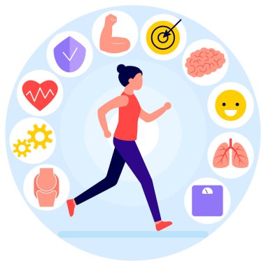 Koşan kadın ve yararlı aktiviteler, ikonlar. Sportif kız koşuyor, antrenman yapıyor. Egzersizin olumlu faydaları. Koşmak bağışıklığı, gücü, ruh halini, kardiyovasküler sistemi, ağırlığı, beyin aktivitesini etkiler. Vektör