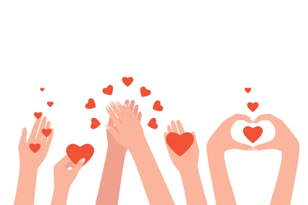 İnsanlar el çırpıyor, seviyor, tebrik ediyor, iyi geri bildirim, teşekkürler. Kadın elleri kalp gönderir. Sadaka, bağış, yardım kavramı. El hareketi yap ve aşkını paylaş. Vektör illüstrasyonu