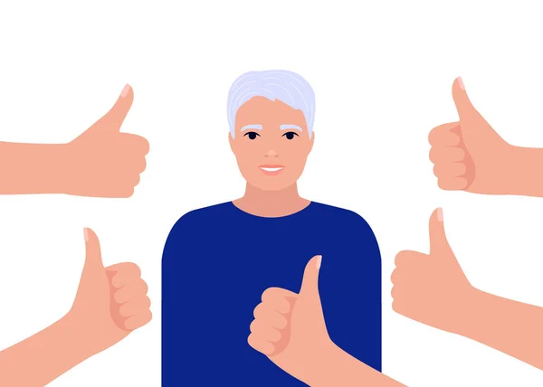 Gelukkige oudere man verzamelt graag. Oudere man omringt handen met duimen omhoog. Sociale goedkeuring, positieve feedback, felicitaties, respect, acceptatie succes concept. Vectorillustratie — Stockvector