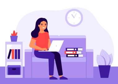 Genç ve mutlu bir kadın evde dizüstü bilgisayarlı bir koltukta oturuyor. Eğlenceli kız çevrimiçi uzaktan kumanda, eğitim, öğrenme kursu, iletişim. Çalışma alanı, çalışma alanı. Serbest çalışan kız evde çalışıyor. Vektör illüstrasyonu