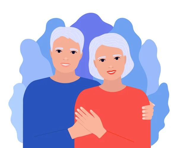 Senior elderly couple man and woman together. Family old age, happy pair, love. Vector — Stock Vector