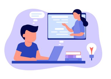 Mesafeyi öğren. Öğrenci çocuk dizüstü bilgisayarda oturuyor ve ders çalışıyor. Çocuk uzaktan öğreniyor. Ev okulu, internet e-öğrenimi, online eğitim, bilgi konsepti. Vektör düz biçimi