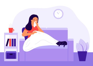 Yüksek ateşi olan hasta kadın evdeki kanepede battaniyenin altında oturuyor. Enfeksiyon, ateş, hastalık, grip, baş ağrısı, alerji. Virüs tedavisi, depresyon, evde sağlık hizmetleri. Vektör