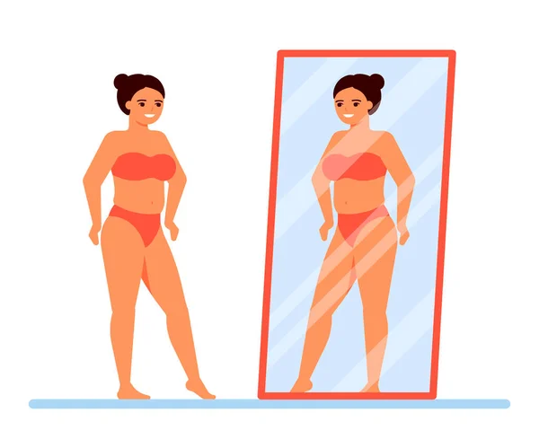 Vücut Pozitif Çamaşırlı Mutlu Şişman Kadın Aynada Kendine Bakıyor Vücudundan — Stok Vektör
