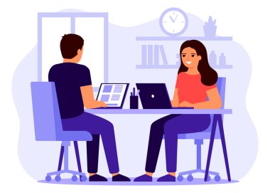 Uzaktan kumandalı iş. Mutlu adam ve kadın dizüstü bilgisayarı ve işi olan bir masada oturuyor, birlikte çalışıyorlar. Genç çift işleriyle meşgul. Vektör illüstrasyonu