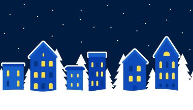 Kış şehrinin şehir manzarası. Noel arkaplanı. Peri masalı kış manzarası. Kusursuz sınır. Küçük kulübeler ve köknar ağaçları. Vektör