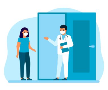 Ofise giren kadın hastaya danışmanlık, tavsiye, doktor denetimi. Tıbbi enjeksiyon randevusu, grip aşıları, virüs aşıları. Sağlığı korumak için önlem, tedavi. Vektör