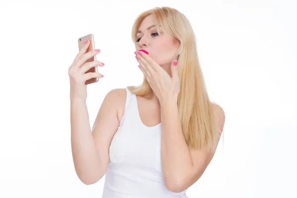 Beautiful Blonde Woman Making Selfie Phone Girl White Dress White — Stock Photo, Image