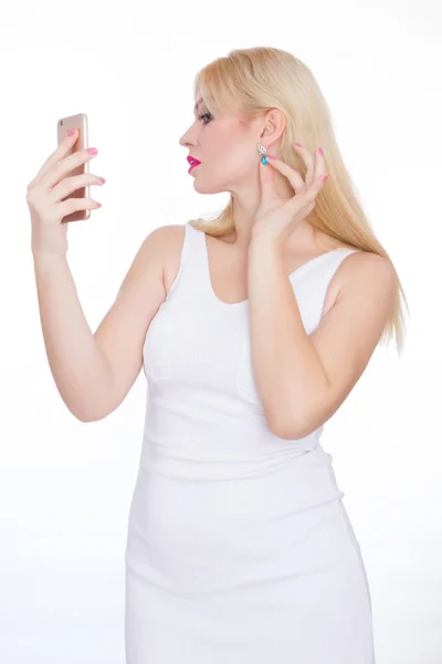 Beautiful Blonde Woman Making Selfie Phone Girl White Dress White — Stock Photo, Image